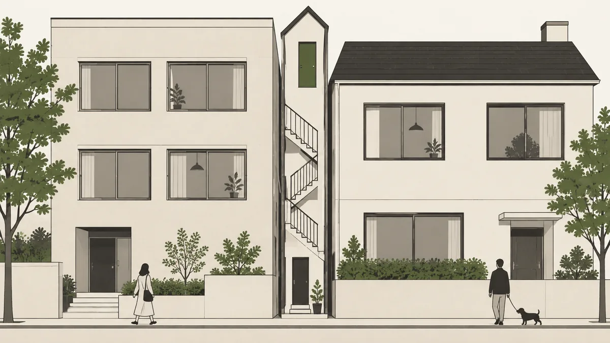 細長い建物と、折り返す階段。壁の高い位置に、下に何も無い扉がある。